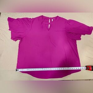 Purple Short Sleeve Blouse with Keyhole Neck and Flutter Sleeves, Plus 26/28W